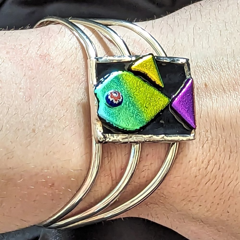 Triple Strand Sterling Silver Band Dichroic FISH Adjustable Bracelet